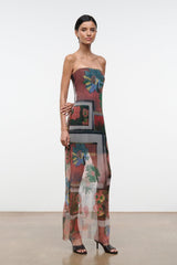Strapless maxi dress in sheer multicolor mesh with beaded flower patchwork
