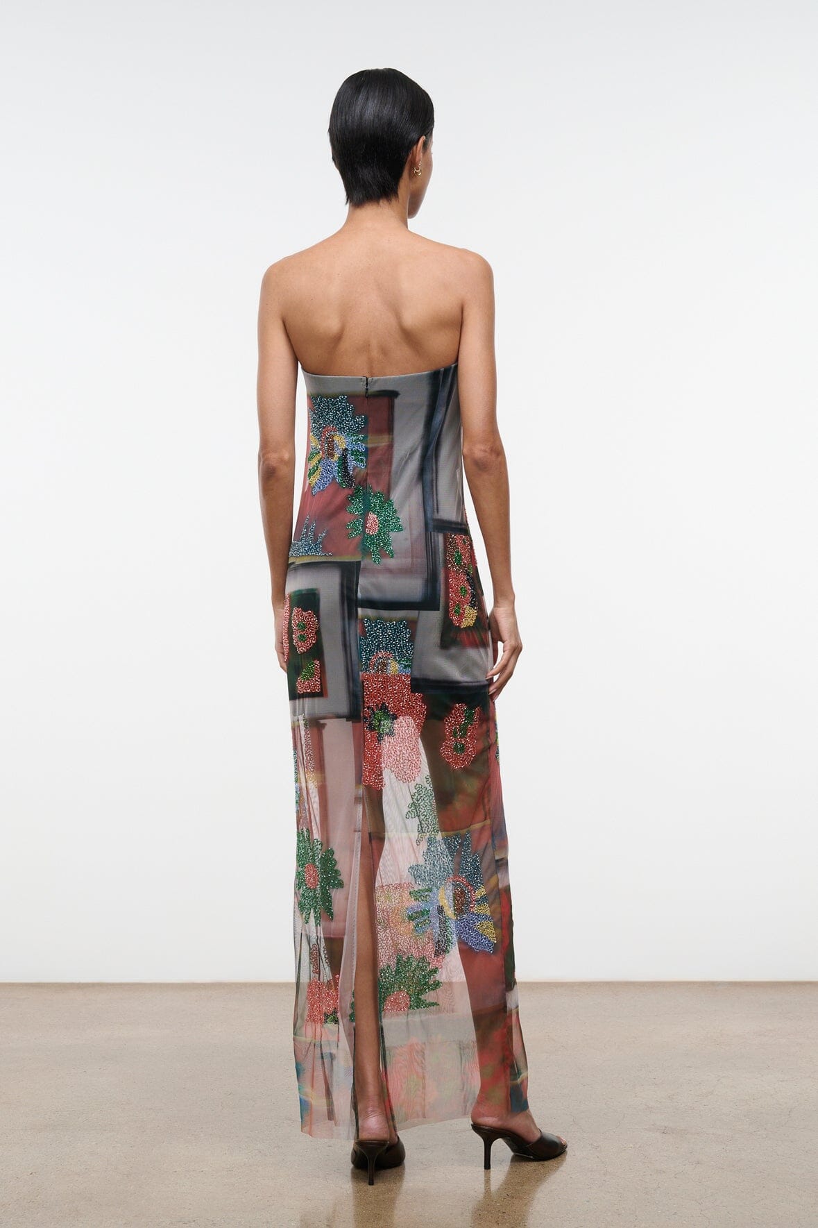 LILIANA beaded Superbloom scarf dress, sheer strapless floral patchwork maxi