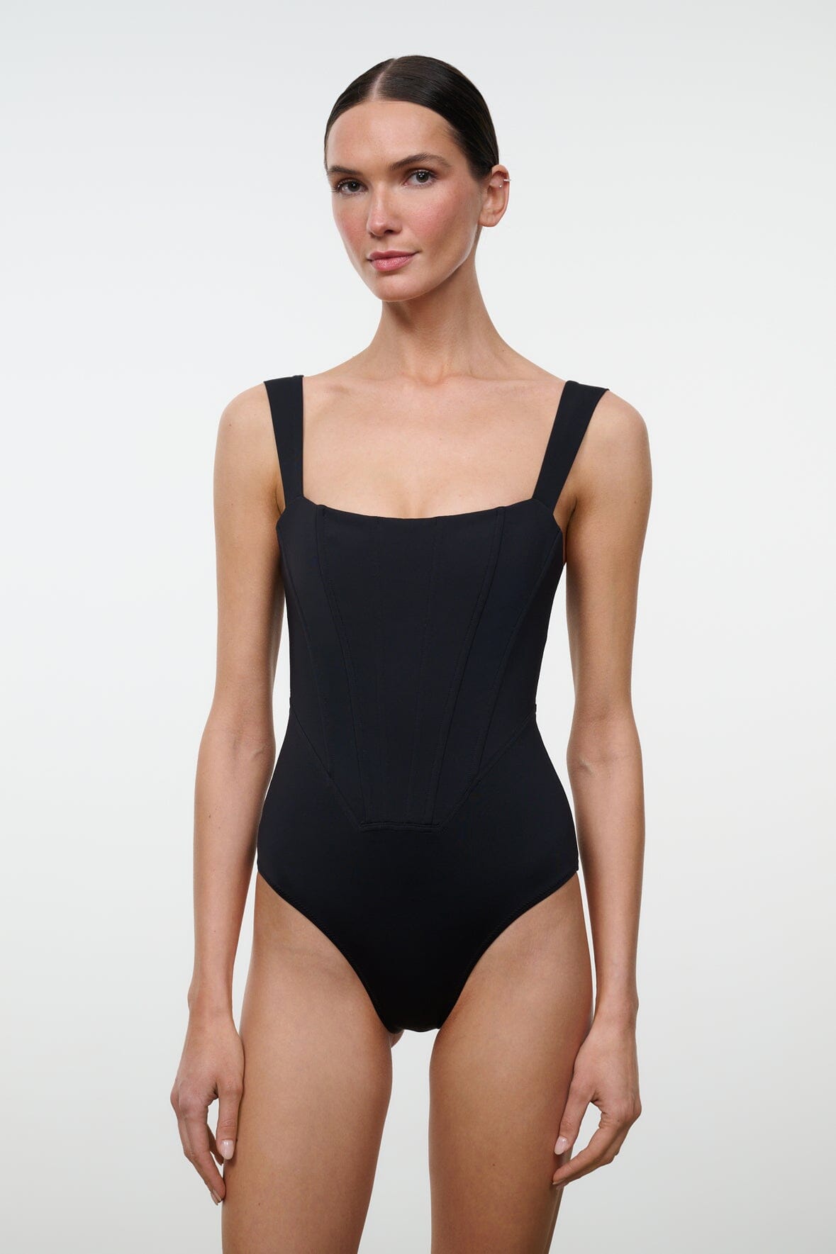 Black one-piece swimsuit with square neckline and thin shoulder straps