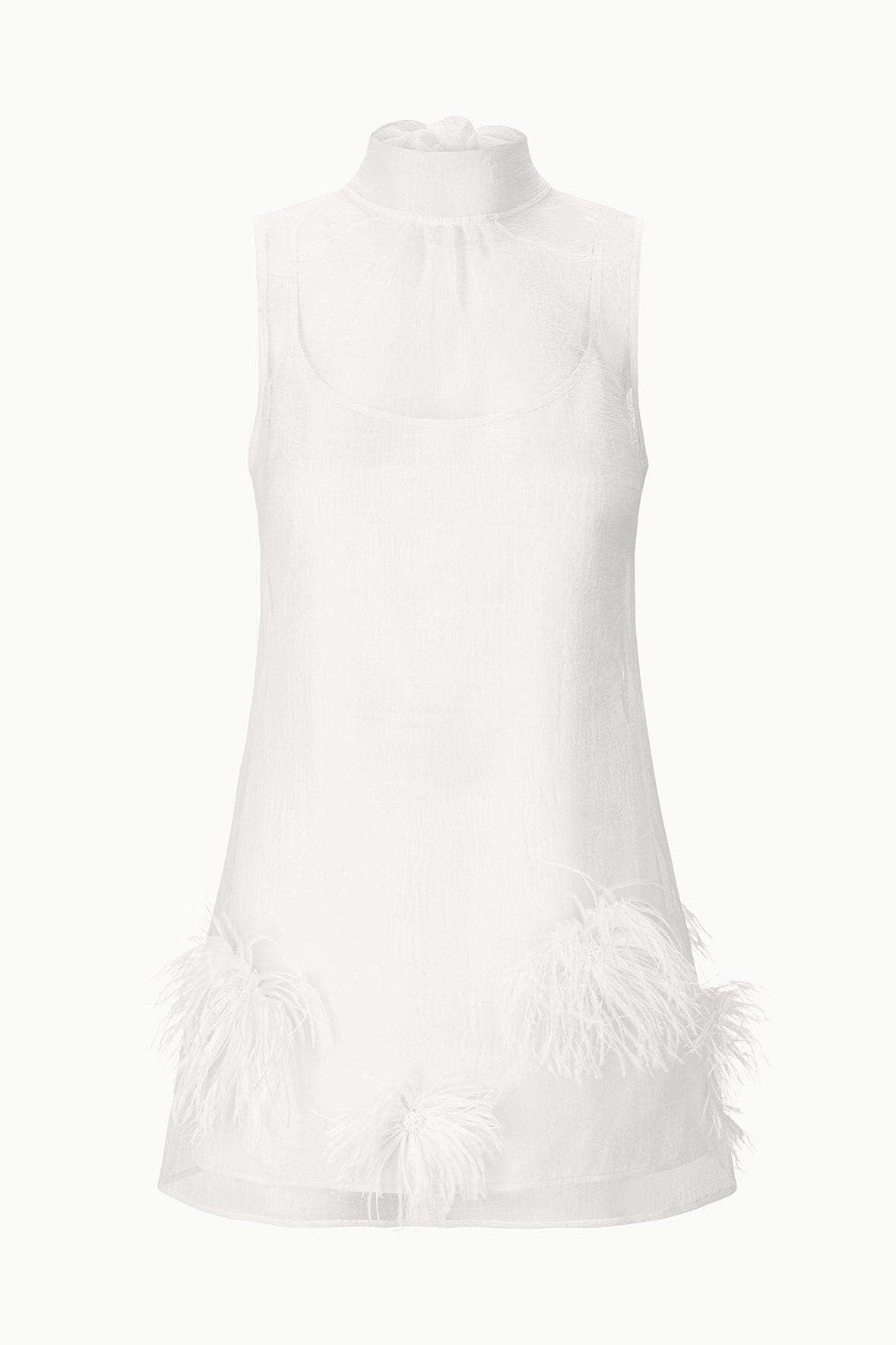 White sleeveless mini dress with high neckline and feather-trimmed hem