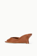 Tan leather wedge mule sandal, angled side view, open toe