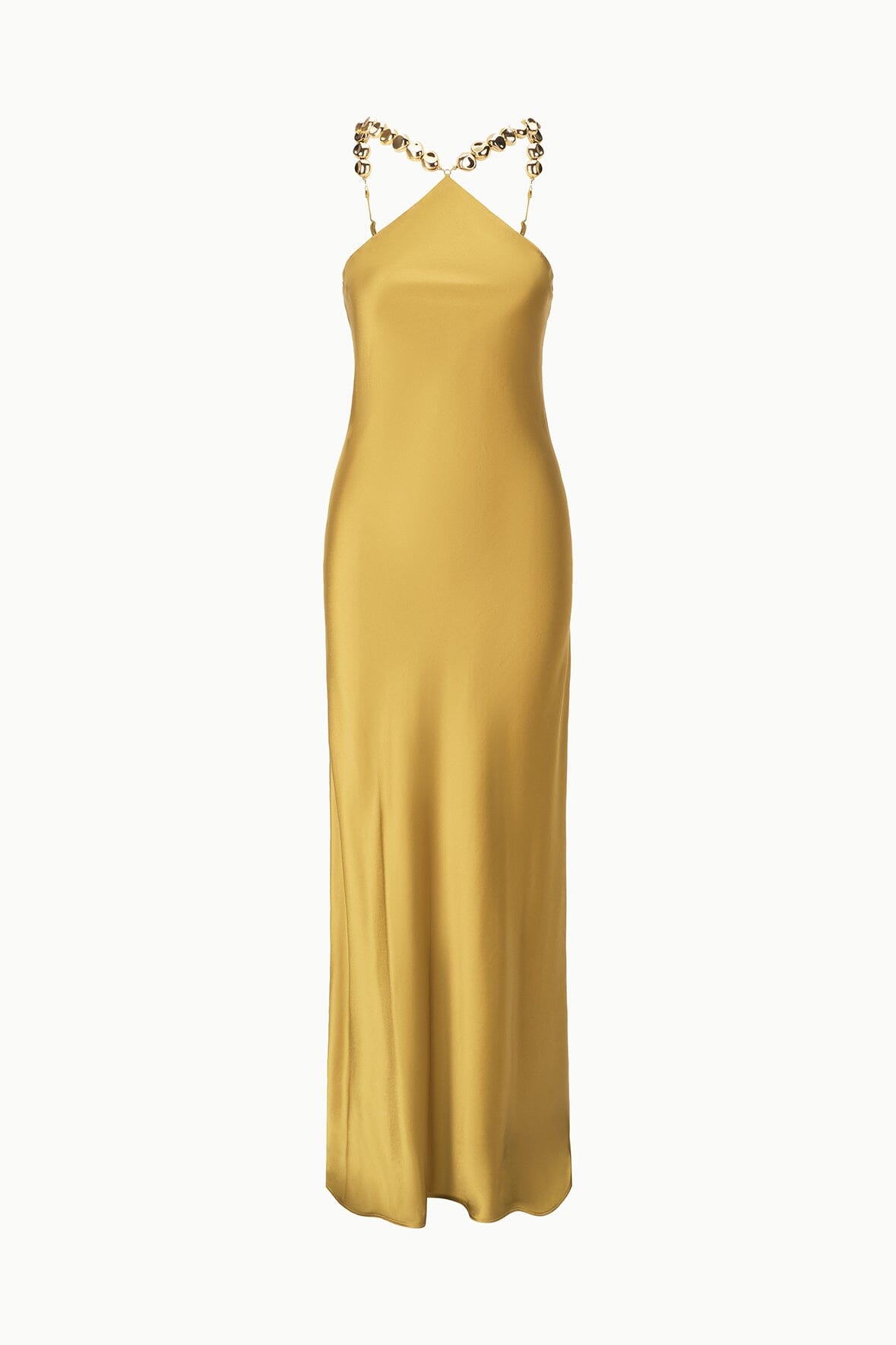 Gold satin halter maxi slip dress with beaded shoulder straps
