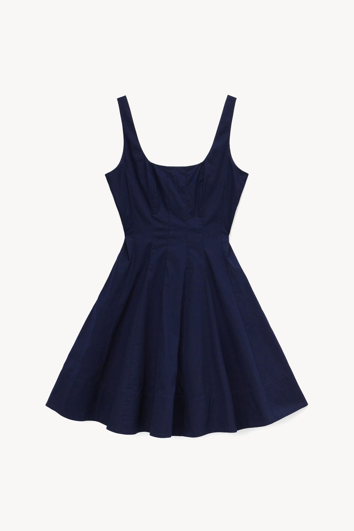 Navy sleeveless scoop-neck skater dress with gathered waist and flared skirt