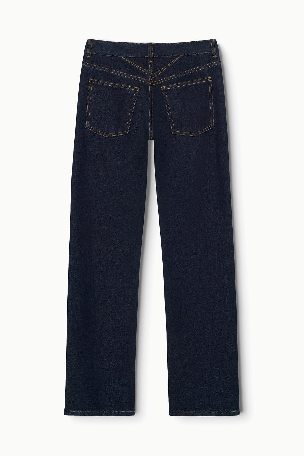 Indigo straight jeans flat lay with waistband and front pockets
