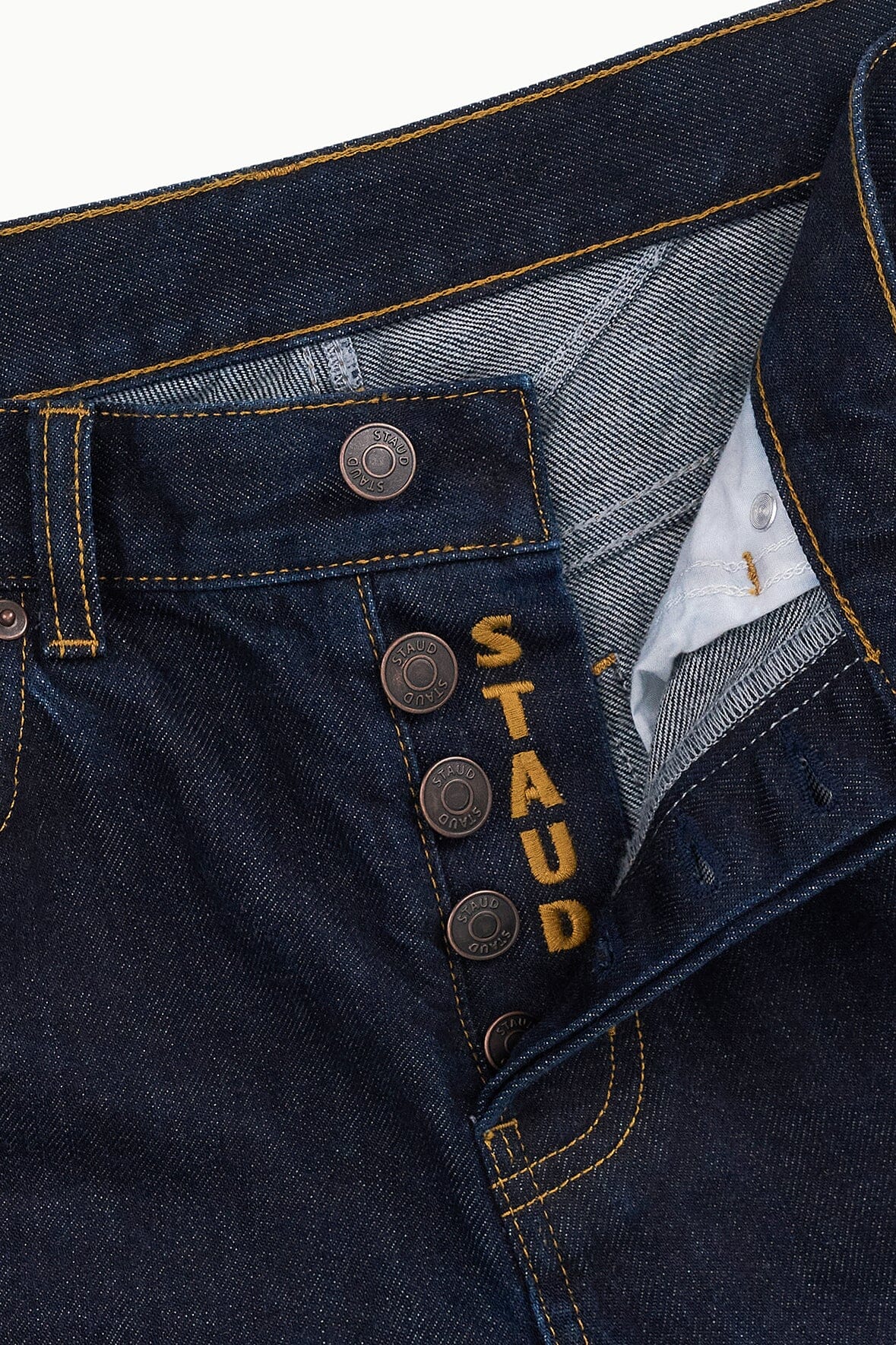 Indigo jeans waistband detail with button and coin pocket stitching