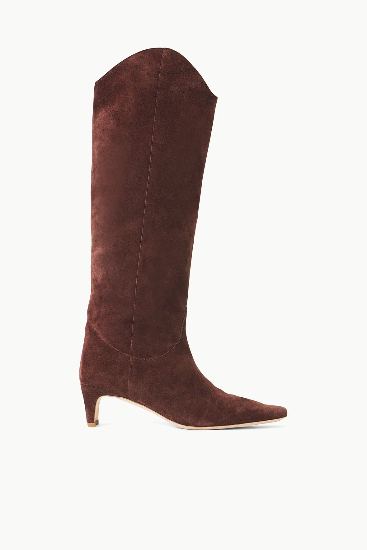 Mahogany suede western boots with pointed toe and low stacked heel