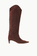 Mahogany suede western boots with pointed toe and low stacked heel