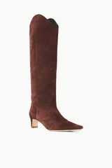 Mahogany suede knee-high pull-on boots with pointed toe and low heel