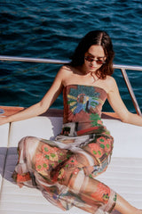 Strapless maxi dress with sheer multicolor mesh and scattered beaded floral patches