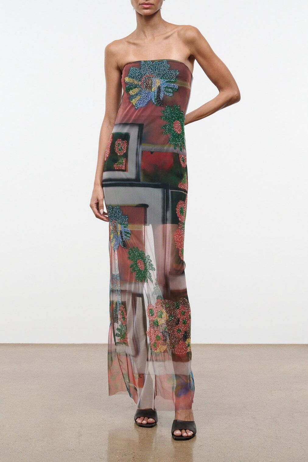 Beaded strapless maxi dress with floral appliques, multicolor sheer fabric
